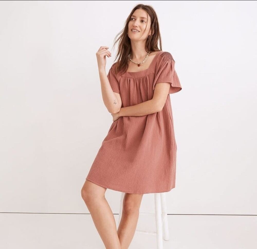 Madewell Lightspun Butterfly Square-Neck Mini Dress Pink Gauze Size Medium